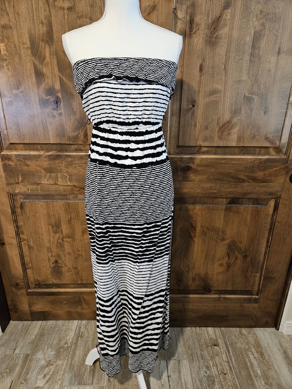 Strapless Black & White Stripe Maxi Dress